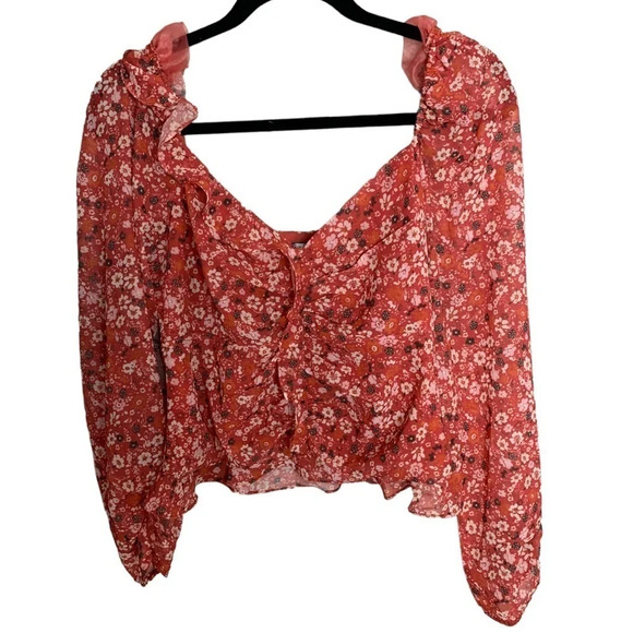 Lulus Women’s floral print ruched long sleeve top Feminine romantic size large - Picture 2 of 14